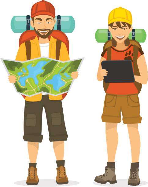 ilustrações, clipart, desenhos animados e ícones de homem e mulher, casal viajantes com mochilas, olhando para o mapa e tablet para navegação - travel ipad isolated backpack