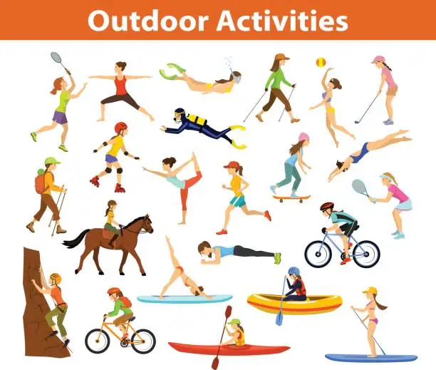 Vector illustration of Summer Outdoor, beach sports and activities. Woman do yoga, running, cycling, traveling with mountain bike and backpack, paddling, kayaking, climbing, rafting, hiking, playing tennis, golf and badminton, snorkeling, scuba diving swimming