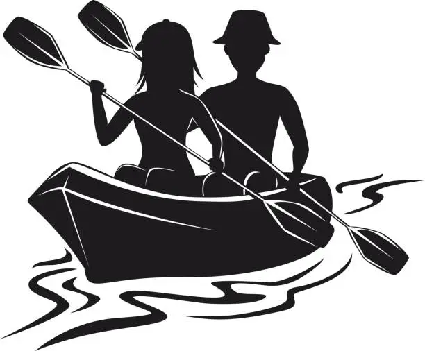 Vector illustration of Man and woman kayaking silhouette front view isolated vector illustration