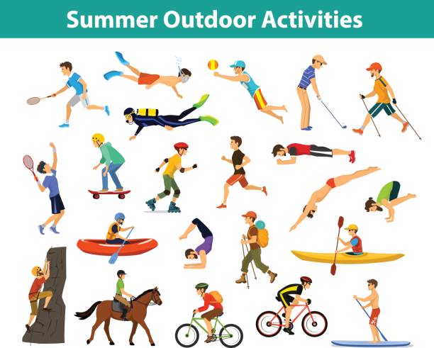 ilustrações de stock, clip art, desenhos animados e ícones de summer outdoor, beach, sports and activities. man do yoga, running, cycling, traveling with mountain bike and backpack, paddling, kayaking, climbing, rafting, hiking, playing tennis, golf and badminton, snorkeling, scuba diving swimming - rowboat nautical vessel men cartoon