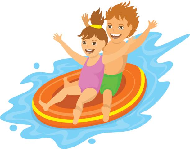 어린이 워터 파크, 수영장에서에서 풍선 튜브 아래로 슬라이딩 - swimming pool child water park inflatable stock illustrations