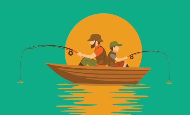 illustrazioni stock, clip art, cartoni animati e icone di tendenza di padre e figlio che pescano in barca su un lago - nautical vessel fishing child image