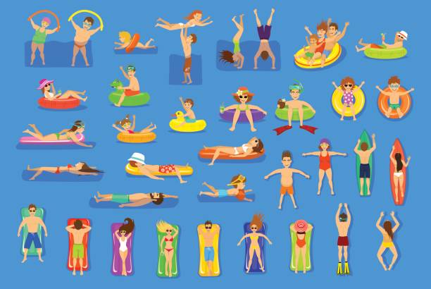 wasser pool meer spaß aktivitäten vektor-illustration-satz. - lifestyle sports and fitness travel locations water stock-grafiken, -clipart, -cartoons und -symbole