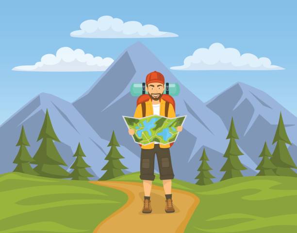 ilustrações, clipart, desenhos animados e ícones de turismo, caminhadas nas montanhas. homem, segurando, olhando para o mapa. - wilderness area illustrations