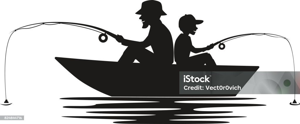 Vater und Sohn Angeln am Boot auf einem See-silhouette - Lizenzfrei Fischen Vektorgrafik