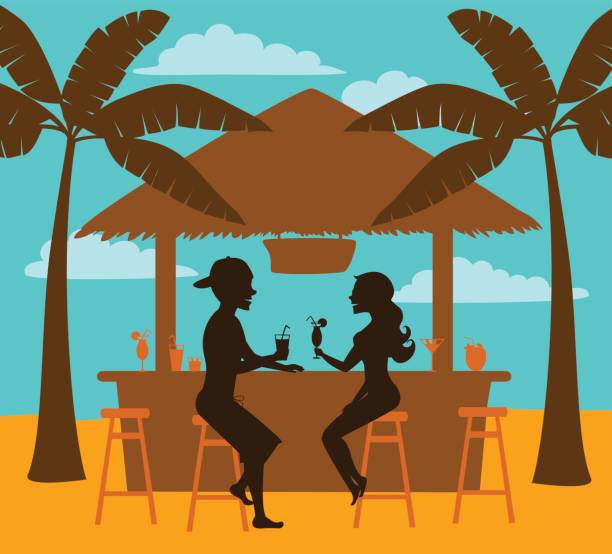 мужчина и женщина наслаждаются летними каникулами, пьют коктейли в пляжном баре, силуэты сцены - bar women silhouette child stock illustrations