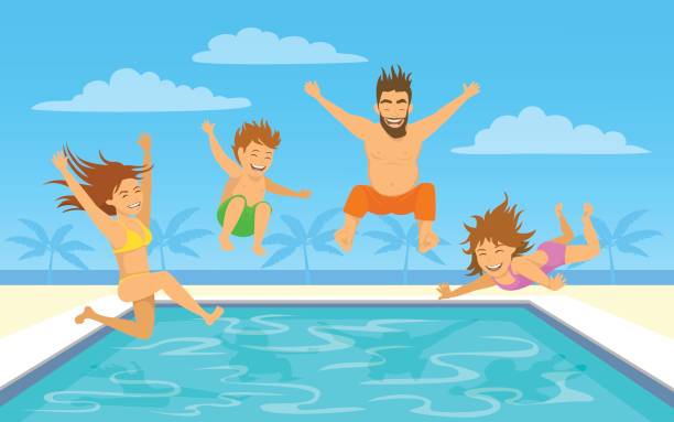 Family on vacation vector illustration. Man, woman, their children, boy and girl, jumping diving into pool Family on vacation vector illustration. Man, woman, their children, boy and girl, jumping diving into pool diving into pool stock illustrations