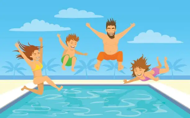 Vector illustration of Family on vacation vector illustration. Man, woman, their children, boy and girl, jumping diving into pool