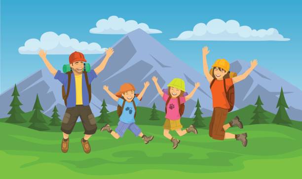 행복 한 가족, 캠핑, 여행 하는 기쁨을 위해 점프, 하이킹 또는 트레킹 야외 장면. 산 풍경 배경 - australia camping hiking family stock illustrations