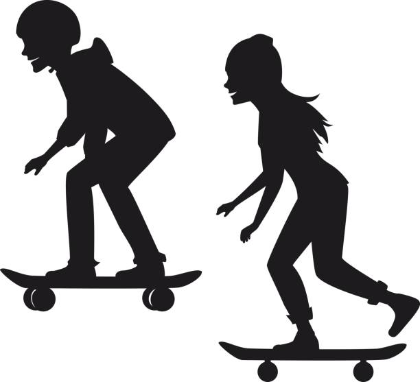 ilustrações de stock, clip art, desenhos animados e ícones de male and female skateboarders silhouettes - skateboarding skateboard silhouette teenager