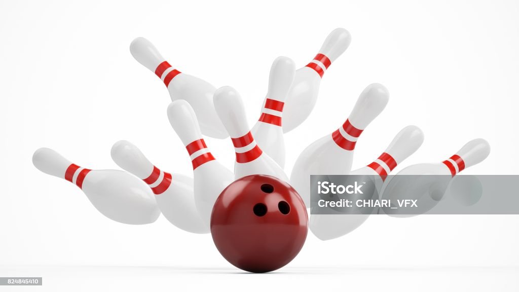 3D rendering Bowling Ball crashing into the pins on white background 3D rendering Bowling Ball crashing into the pins on white background. Bowling Ball Stock Photo