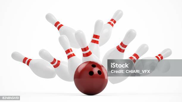 3d Rendering Bowling Ball Crashing Into The Pins On White Background Stock Photo - Download Image Now