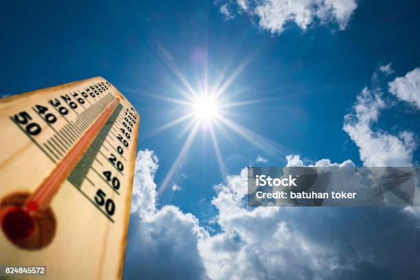 Thermometer Sun High Degres Hot Summer Day High Summer Temperatures Stock Photo - Download Image Now