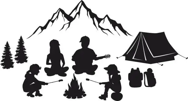 Vector illustration of Family sit around campfire silhouette scene with mountains, tent and pine trees. People camping outdoor