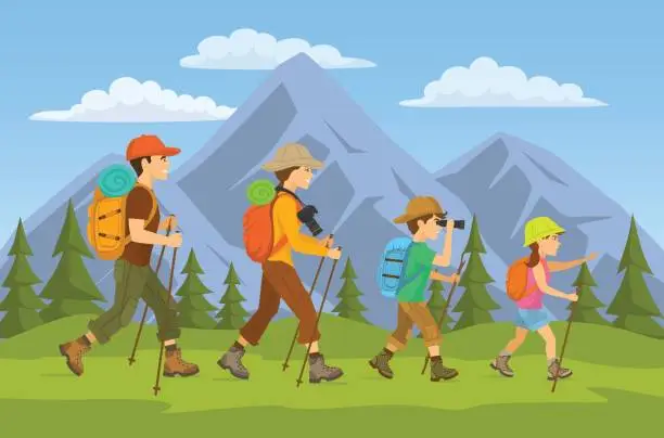Vector illustration of man,woman, children, family hikers traveling trekking with backpacks in mountains forest cartoon vector illustration