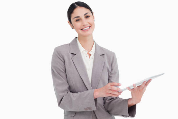 istock Smiling young saleswoman with her tablet computer 824852246