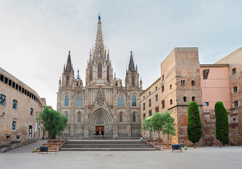 Square with cathedral church in Gotic quarter of Barcelona, Spain