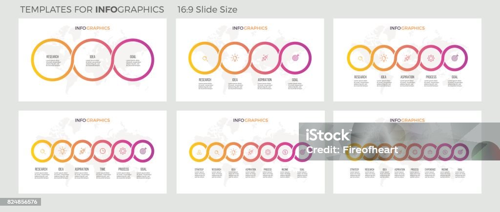 Business-Infografiken. Präsentationen mit 3, 4, 5, 6, 7, 8 Schritten. Verbundenen Kreisen. Vektor-Infografik-Vorlagen. - Lizenzfrei Informationsgrafik Vektorgrafik
