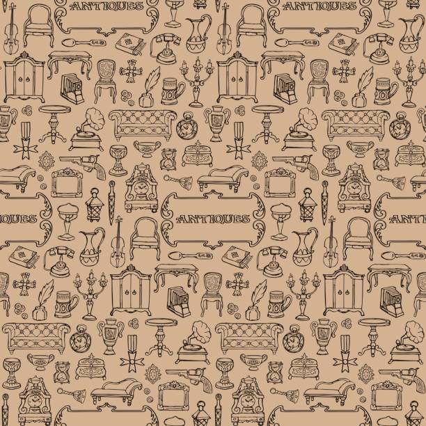 Antiques doodle hand drawn seamless pattern with vintage sign. Wallpaper of retro objects on beige background.