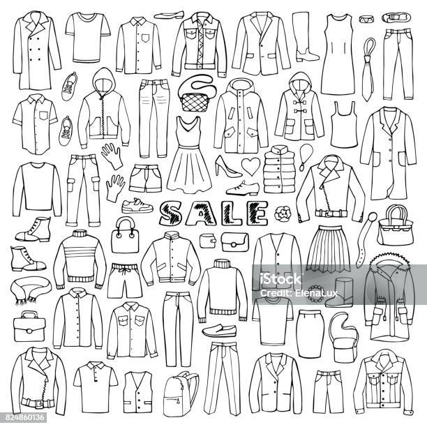 Man And Woman Hand Drawn Clothes Sale Stock Illustration - Download Image  Now - Clothing, Doodle, Drawing - Art Product - iStock