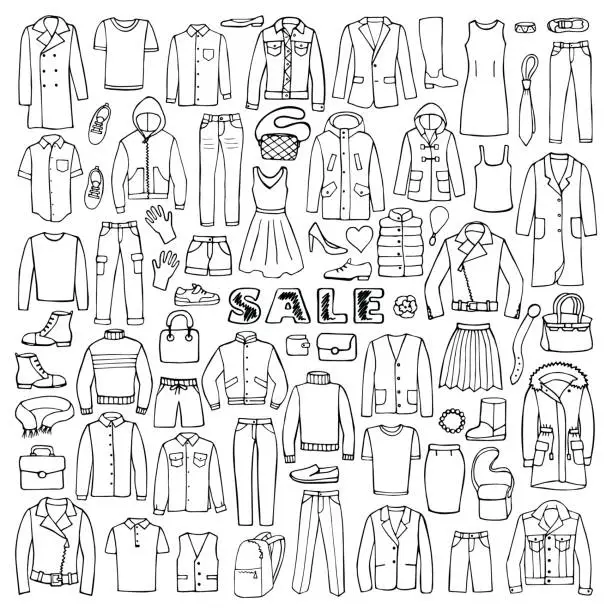 Vector illustration of Man and Woman Hand Drawn Clothes Sale