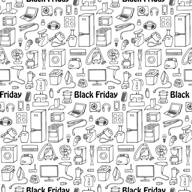 illustrazioni stock, clip art, cartoni animati e icone di tendenza di modello senza cuciture domestico del black friday - blender illustrations and vector art food and drink seamless