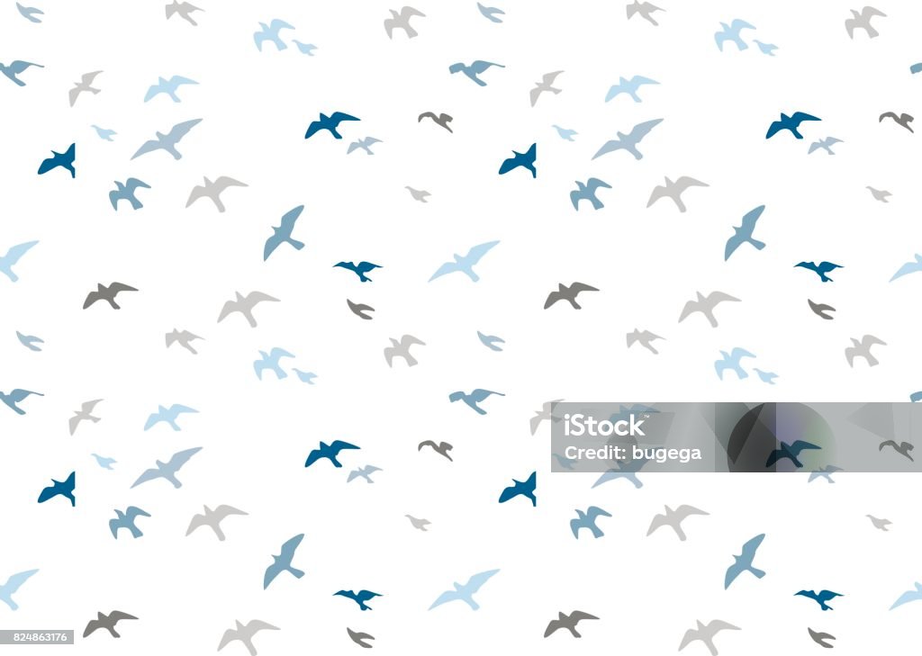 Modèle sans couture de silhouettes des mouettes. Troupeau de silhouette de demi-ton gris bleu oiseaux volants. Sea-gull mignon peint oiseau vecteur pour envelopper de papier textile de tissu conception mignonne, isolé le fond blanc. - clipart vectoriel de Oiseau libre de droits