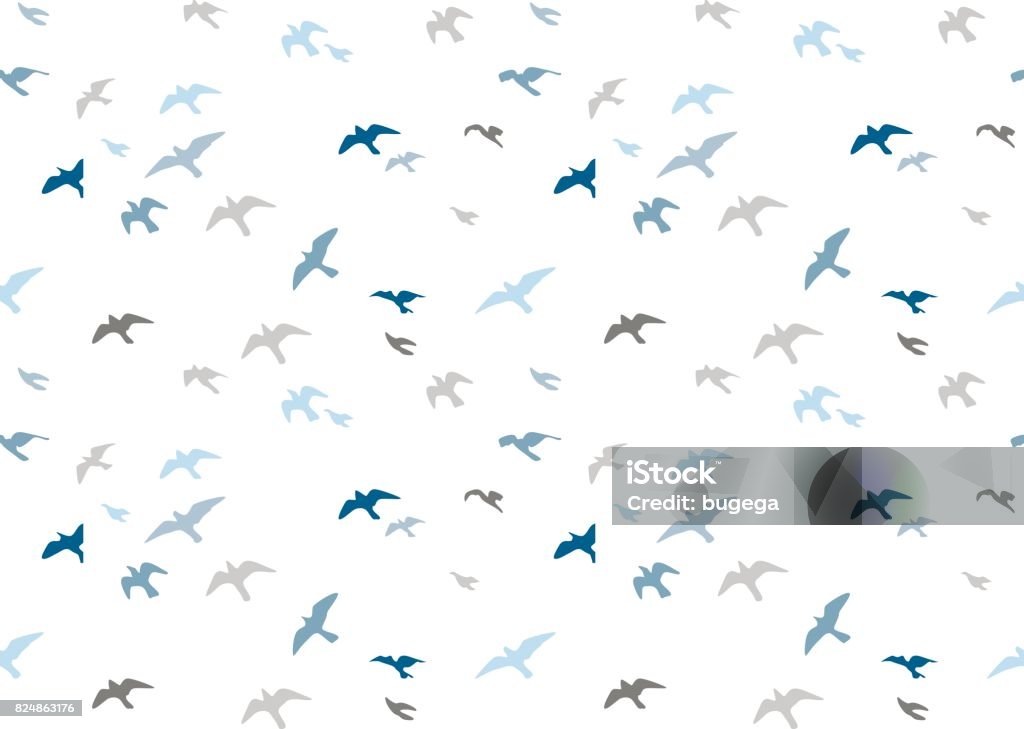 Seagulls silhouettes seamless pattern. Flock of flying birds blue gray semitone silhouette. Sea-gull cute painted bird Vector for wrapping paper cute design fabric textile, isolated white background. Bird stock vector