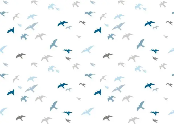 Vector illustration of Seagulls silhouettes seamless pattern. Flock of flying birds blue gray semitone silhouette. Sea-gull cute painted bird Vector for wrapping paper cute design fabric textile, isolated white background.