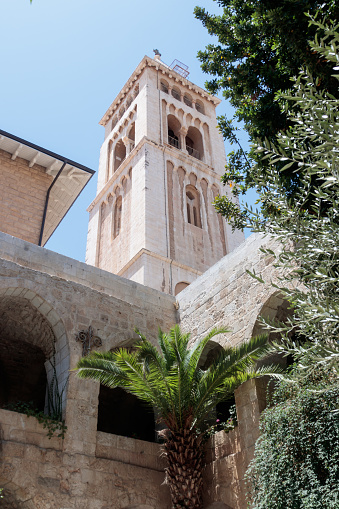 Corner tower of the Evangelical Lutheran Church of the Redeemer in the old city of Jerusalem, Israel.