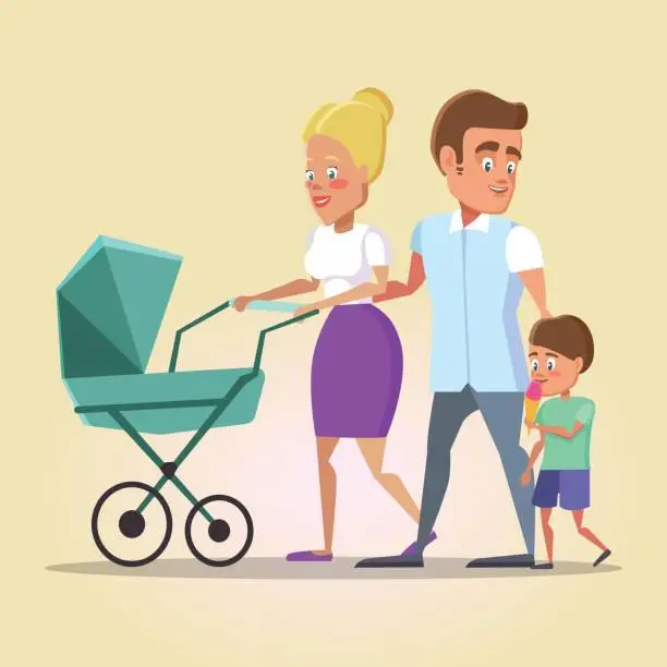 Vector illustration of Happy Family on the Walk. Mom, Dad and Son with Newborn Baby in a Pram