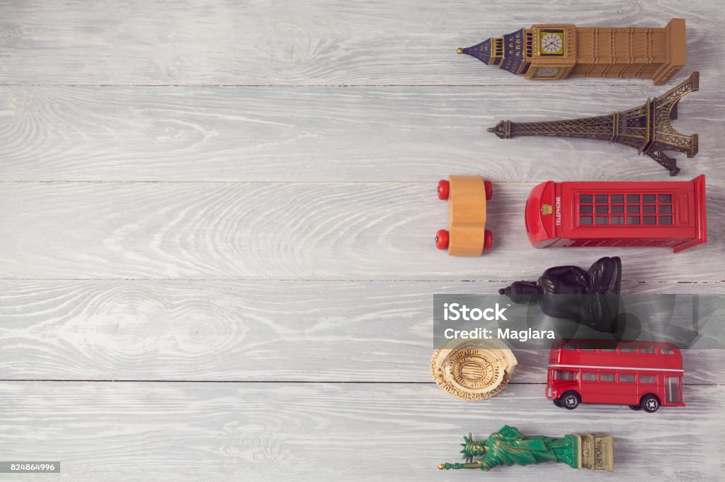 Travel and tourism background with souvenirs from around the world. View from above. Flat lay Big Ben Stock Photo