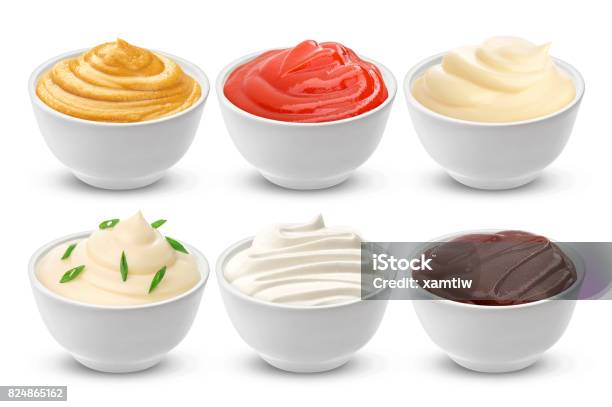 Set Of Different Sauces Isolated On White Stock Photo - Download Image Now - Mayonnaise, White Background, Barbeque Sauce