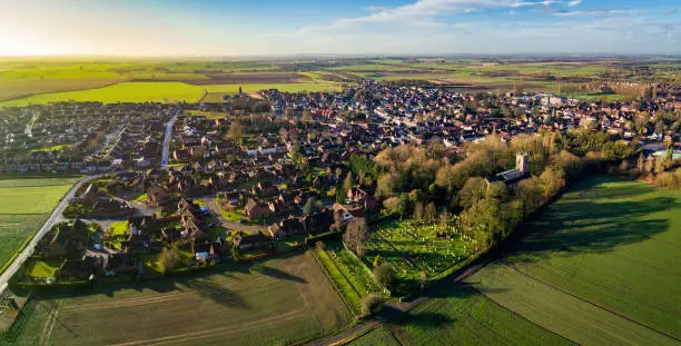 An aerial view at sunrise, over the small village of Epworth in Lincolnshire.