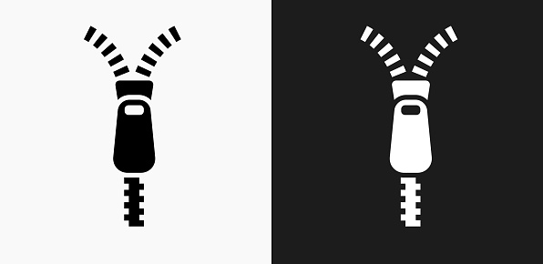 Zipper Icon on Black and White Vector Backgrounds. This vector illustration includes two variations of the icon one in black on a light background on the left and another version in white on a dark background positioned on the right. The vector icon is simple yet elegant and can be used in a variety of ways including website or mobile application icon. This royalty free image is 100% vector based and all design elements can be scaled to any size.