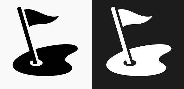 Golf Field Icon on Black and White Vector Backgrounds. This vector illustration includes two variations of the icon one in black on a light background on the left and another version in white on a dark background positioned on the right. The vector icon is simple yet elegant and can be used in a variety of ways including website or mobile application icon. This royalty free image is 100% vector based and all design elements can be scaled to any size.