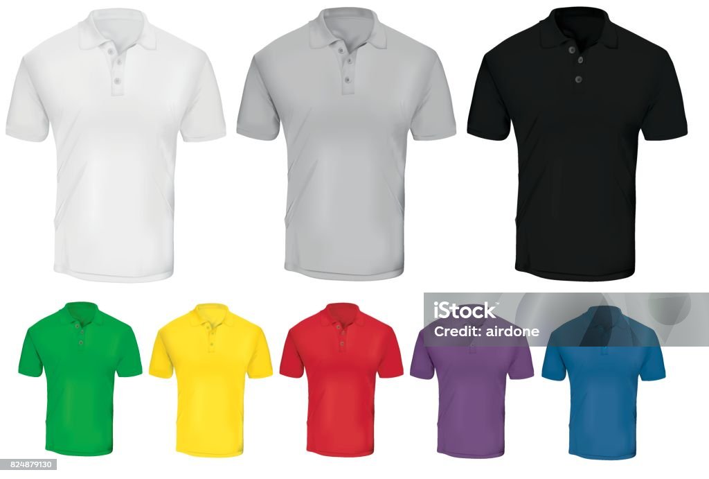 Colorful Polo Shirt Template Vector illustration of blank polo t-shirt template in many color, red, purple, blue, green, gray, black, white, yellow,  front design isolated on white Polo Shirt stock vector