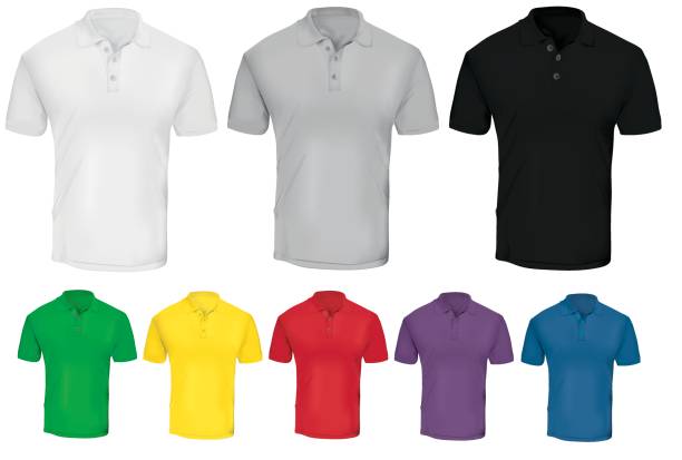 Colorful Polo Shirt Template Vector illustration of blank polo t-shirt template in many color, red, purple, blue, green, gray, black, white, yellow,  front design isolated on white polo shirt stock illustrations