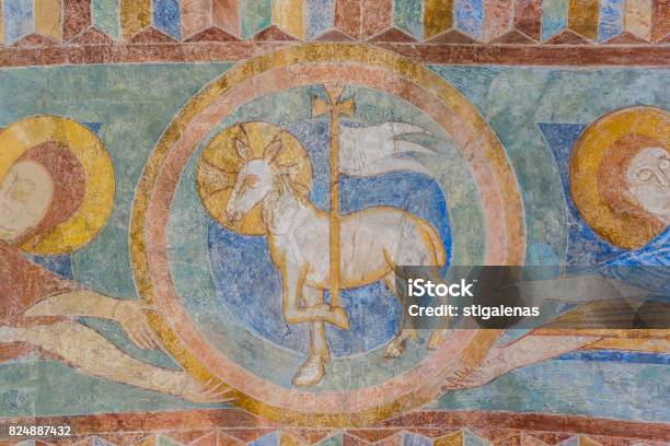 Lamb Of God A Medieval Fresco Painting Stock Photo - Download Image Now - Lamb - Animal, Easter, Christianity