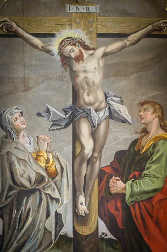 The crucifixion, an altarpiece  from 1613 by an unknown artist in Jorlunde church, Denmark - July 25, 2017