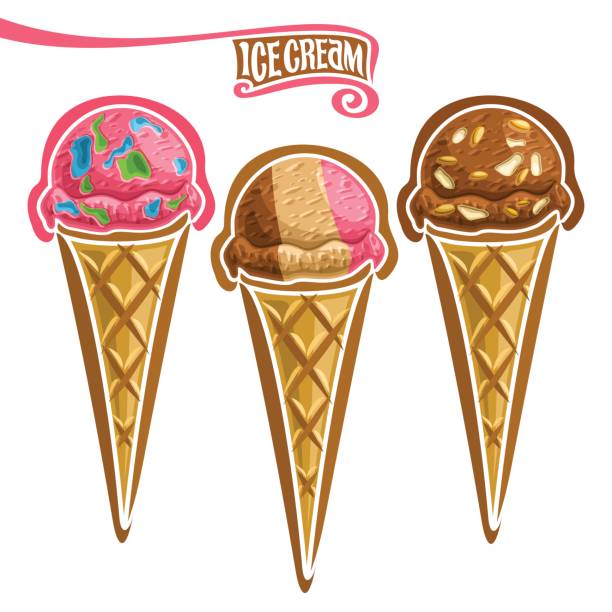 Vector Set Of Ice Cream In Waffle Cone Stock Illustration - Download Image Now - Almond, Bubble Gum Ice Cream, Chocolate - iStock