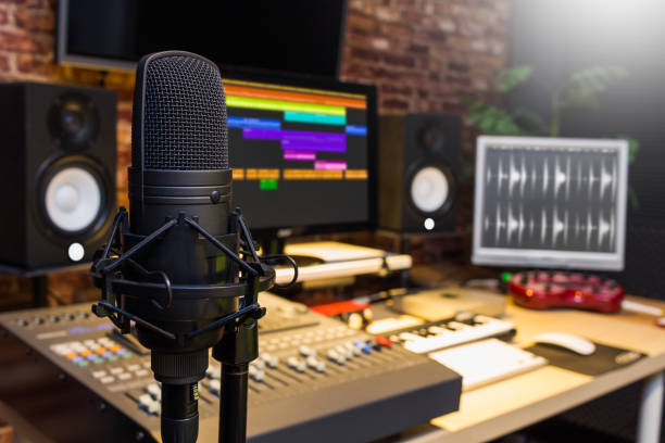istock condenser microphone in digital sound editing & recording studio 824890464