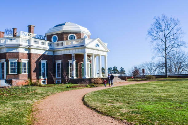 Charlottesville: Monticello, Thomas Jefferson's home with columns in winter with people walking by