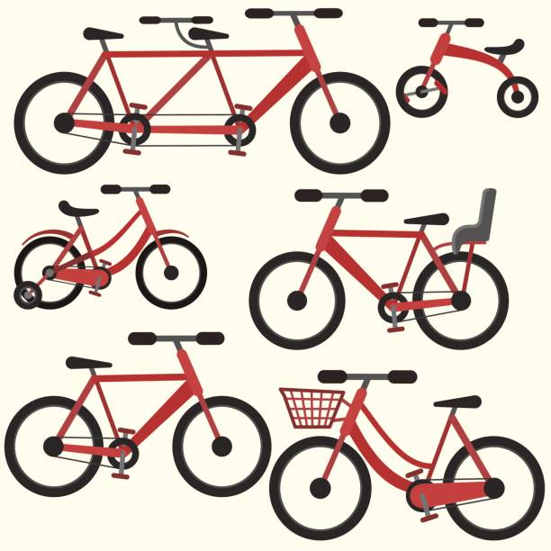 плоский красочный красный векторный велосипедный набор - bicycle isolated basket red stock illustrations
