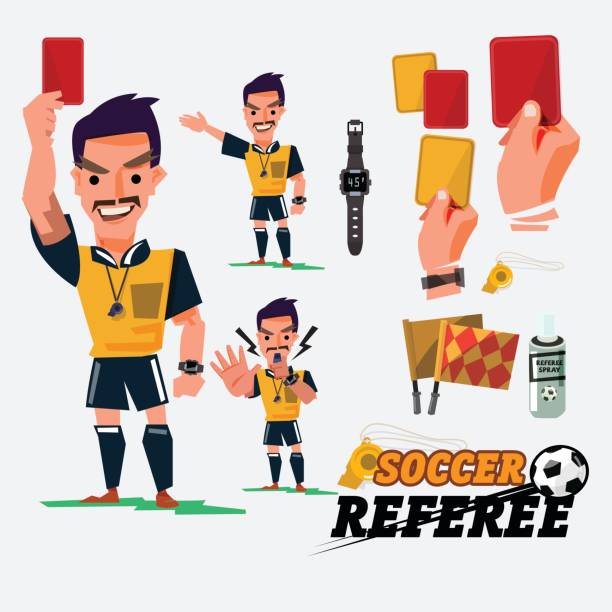 ilustraciones, imágenes clip art, dibujos animados e iconos de stock de fútbol o fútbol árbitro con la tarjeta y elementos gráficos. carácter de diseño - vector - símbolo deportivo