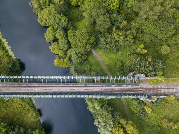 Aerial view of a rail bridge over the river Suir, Cahir, Co. Tipperary, Ireland.