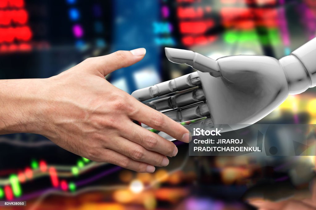 Artificial intelligence (AI) advisor or robo-advisor in stock financial market technology. Shaking hands of male investor and 3d rendering robot. Abstract graph stock exchange background. Advice Stock Photo Artificial intelligence (AI) advisor or robo-advisor in stock financial market technology. Shaking hands of male investor and 3d rendering robot. Abstract graph stock exchange background. Advice Stock Photo