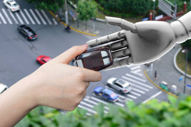 Artificial intelligence (AI) advisor or robo-adviser in smart car self drive mode (HUD) technology. Driver female hand on wireless remote car key to 3d rendering robot hand. Blur top view of street. inteligencia artificial (ia) asesor o consejero de robo en coche smart auto modo (hud) tecnología de la unidad. conductor femenino de la mano en llave de control remoto inalámbrico de coche a mano de robot de renderizado 3d. desenfoque la vista superior de la calle.