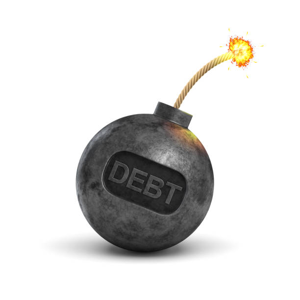 istock 3d rendering of a black iron bomb with a lit fuse and a writing DEBT on its surface on white background 824928556