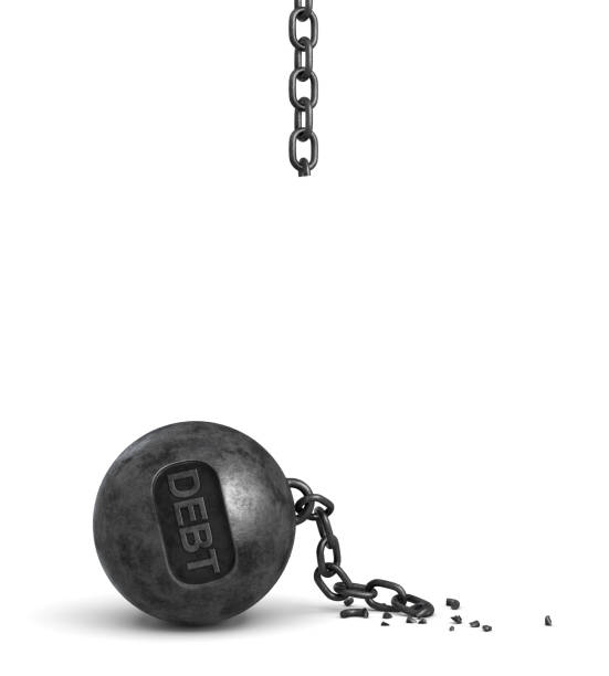 istock 3d rendering of a broken iron chain that used to hold a large iron wrecking ball with letters DEBT on it 824928742